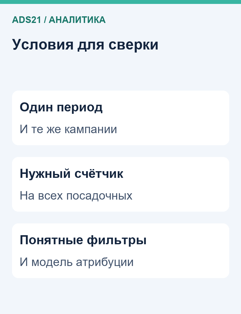 Условия для сверки: Один период — И те же кампании, Нужный счётчик — На всех посадочных, Понятные фильтры — И модель атрибуции