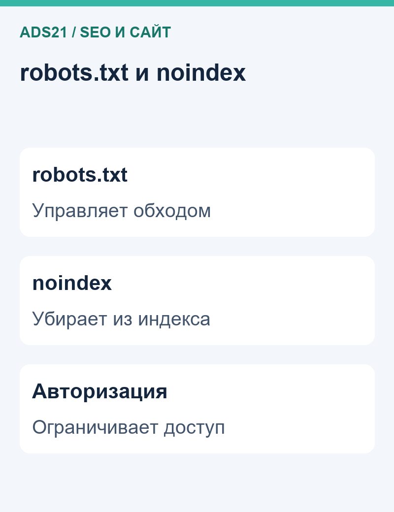 robots.txt и noindex: robots.txt — Управляет обходом, noindex — Убирает из индекса, Авторизация — Ограничивает доступ